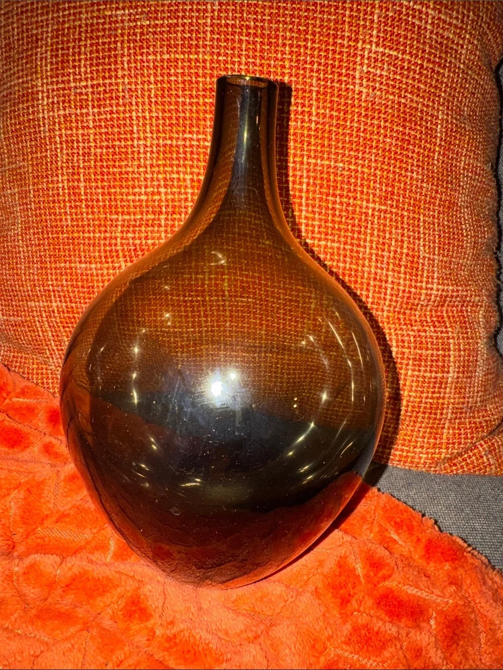 Vintage Deep Amber Marigold Iridescent Glass Bottle Vase | Mid-Century Bulbous D